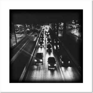 A black photo of cars on a highway at night. Posters and Art